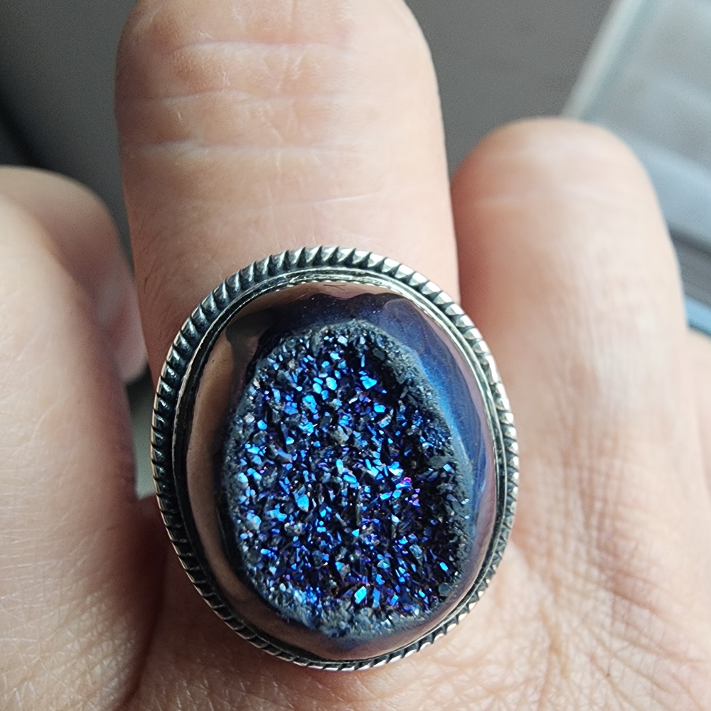 Silver Ring with Blue Geode Stone